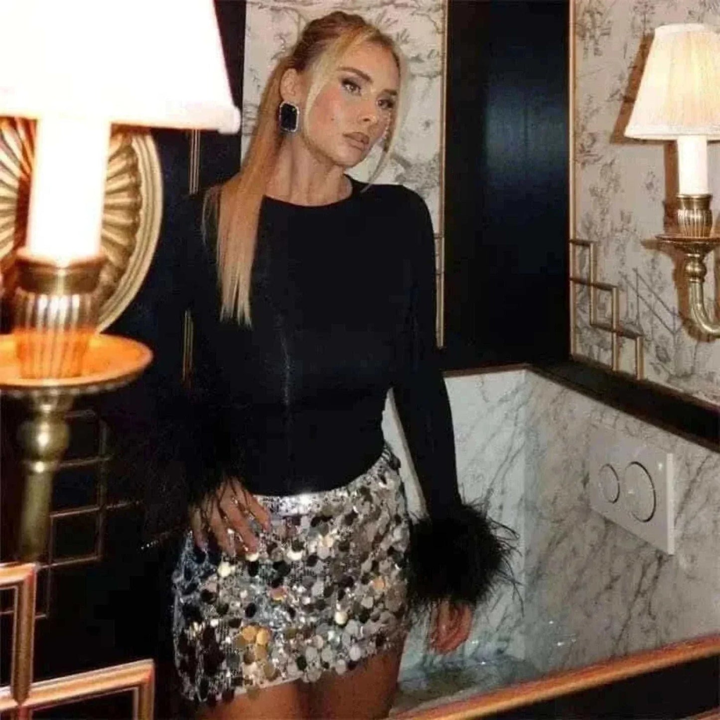 ladies skirts uk, Women Model Wearing Silver Sequin High-Mini Skirt