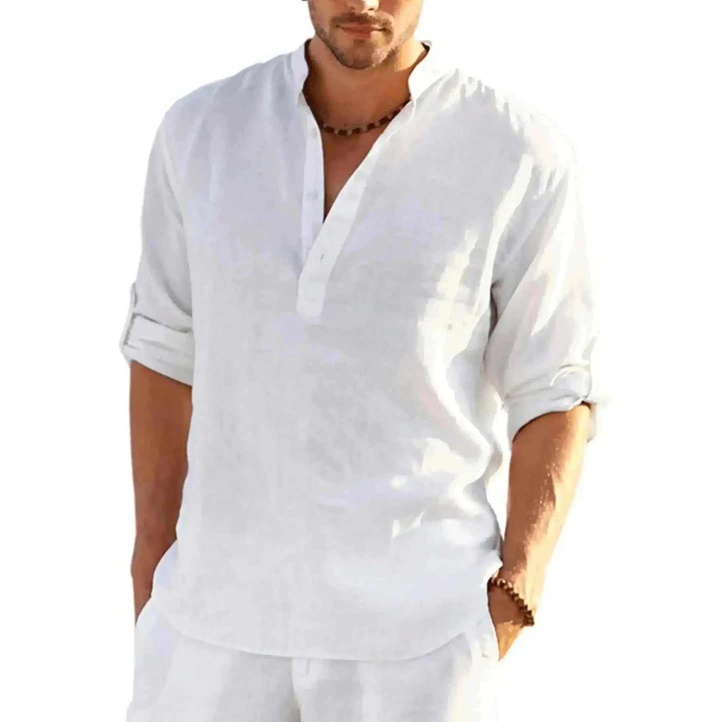 mens t shirt uk, Men's Casual Cotton Stand Collar Long Shirt