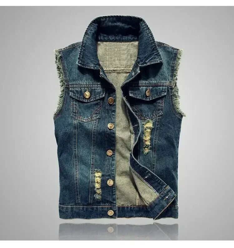 mens t shirts uk | Summer Mens Ripped Denim Vest Dark Blue