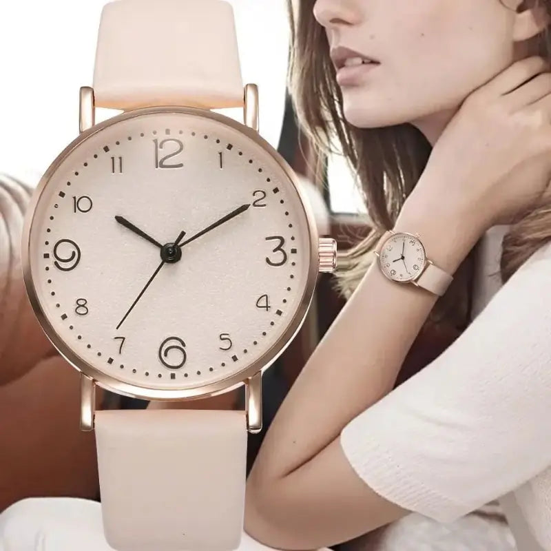 women watches uk | Ladies Casual Arabic Numbers Leather Analog Quartz Watch beige