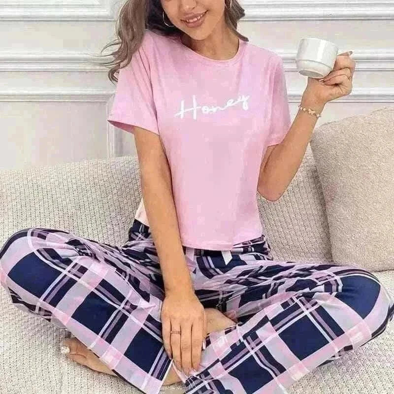 womens pyjamas uk . Women's Pajamas Set Casual Home Clothes Soft Comfortable Crew Neck T-Shirt & Plaid Pants.