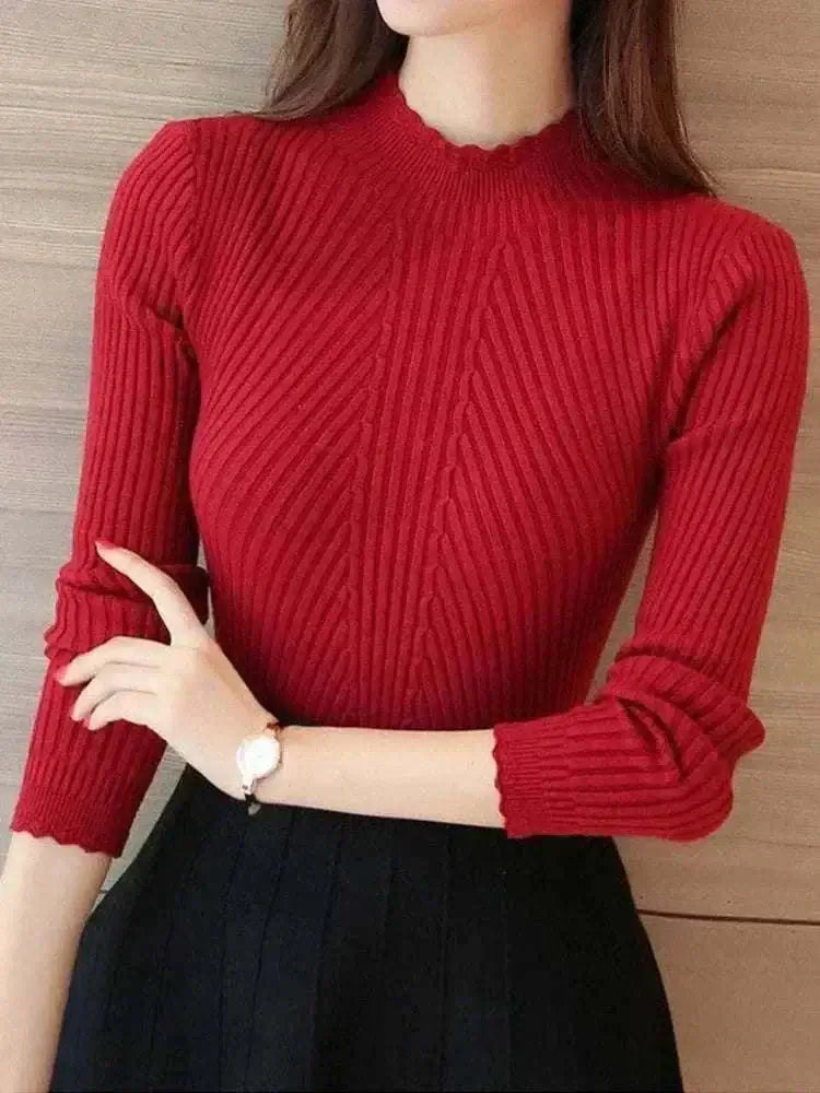 jumpers - 2025 Autumn Women Mock Neck Ruffles Sweater