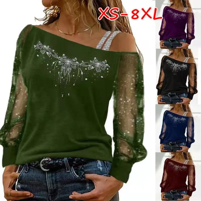 ladies summer tops uk | Lace Blouse Women Long Sleeves Skew Collar Off Shoulder