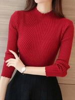 2025 Burgundy Autumn Women Mock Neck Ruffles Sweater