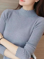 2025 Gray Autumn Women Mock Neck Ruffles Sweater