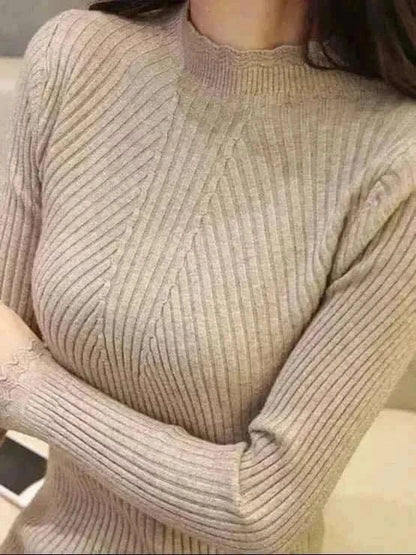 2025 Khaki Autumn Women Mock Neck Ruffles Sweater