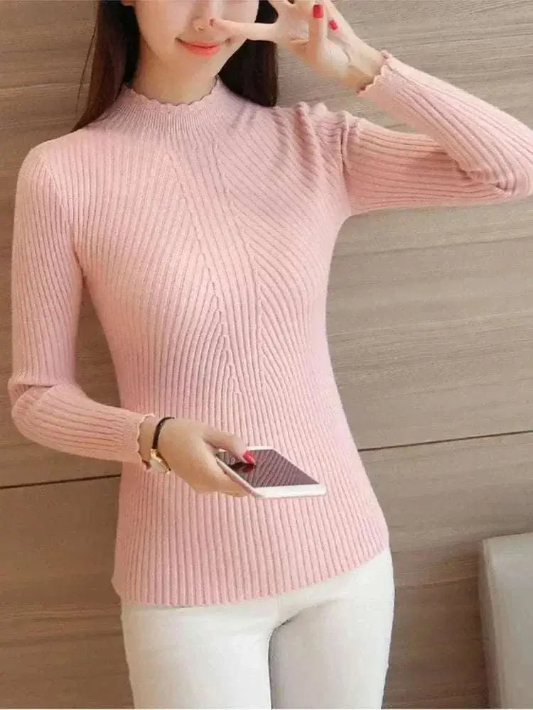 2025 Pink Autumn Women Mock Neck Ruffles Sweater