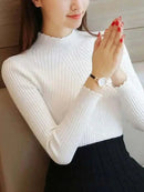 jumpers collection offers 2025 White Autumn Women Mock Neck Ruffles Sweater