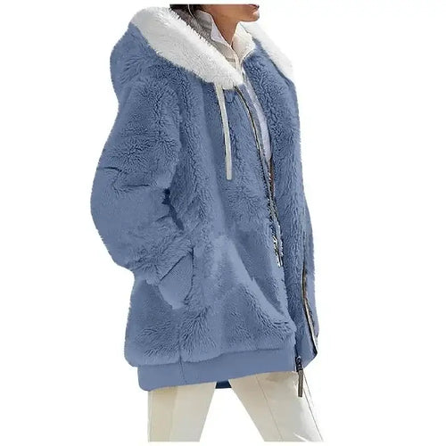 Autumn Winter Fashion Women's Coat New Casual Light Blue Hooded 