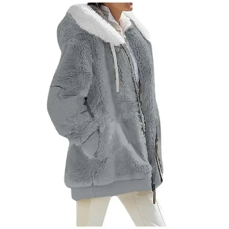 Autumn Winter Fashion Women's Coat New Casual Light Grey Hooded 