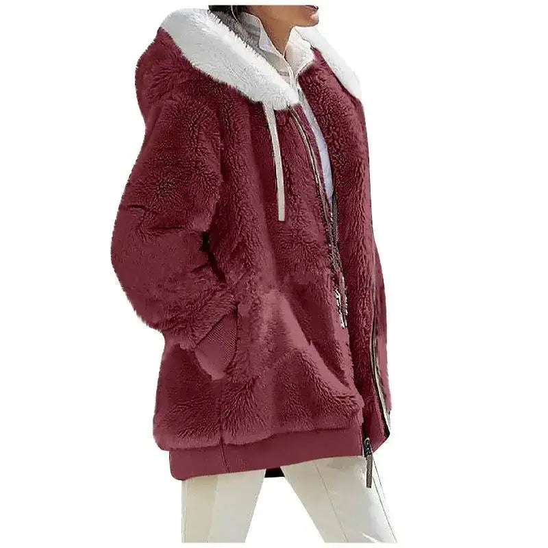 Autumn Winter Fashion Women's Coat New Casual Light Red Hooded 