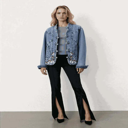 Model in Butterfly Embroidery 2024 Short Denim Jacket