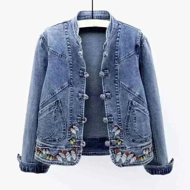 Butterfly Embroidery 2024 Short Denim Jacket Front View