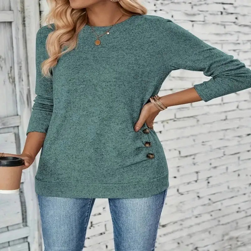 Casual Long Sleeve Green Top For Spring & Fall 