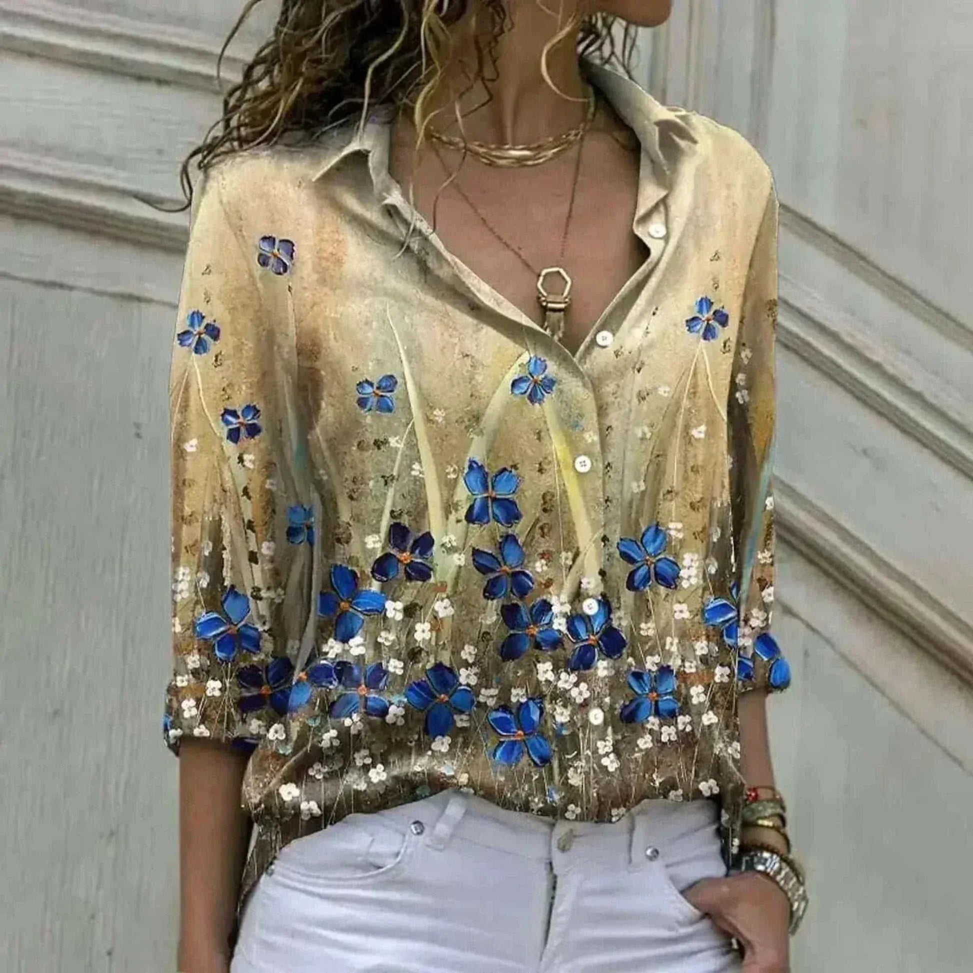 Women Model in Elegant Loose Gold Casual Shirt