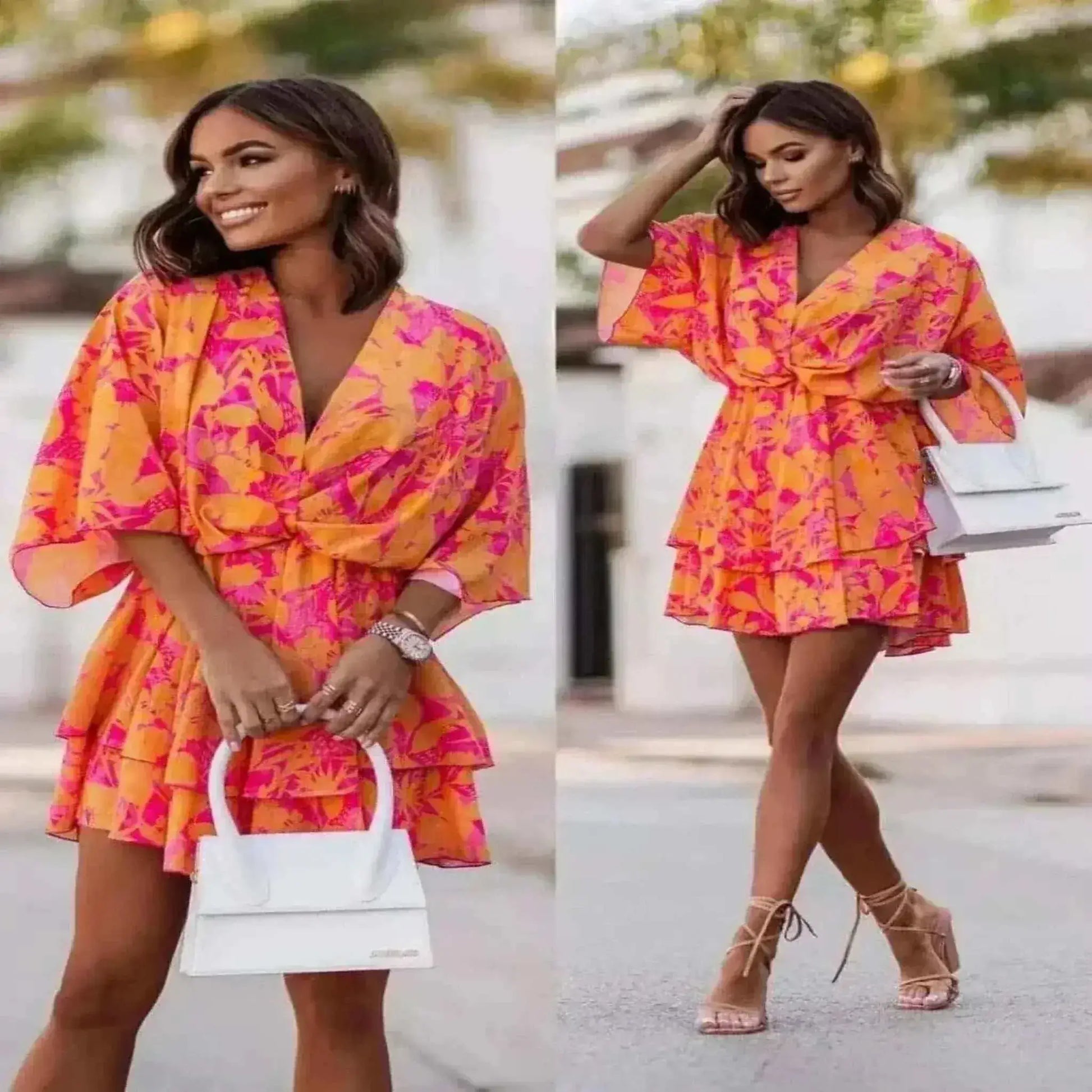 Women Wearing In Elegant Summer Orange Ruffl Mini Dress