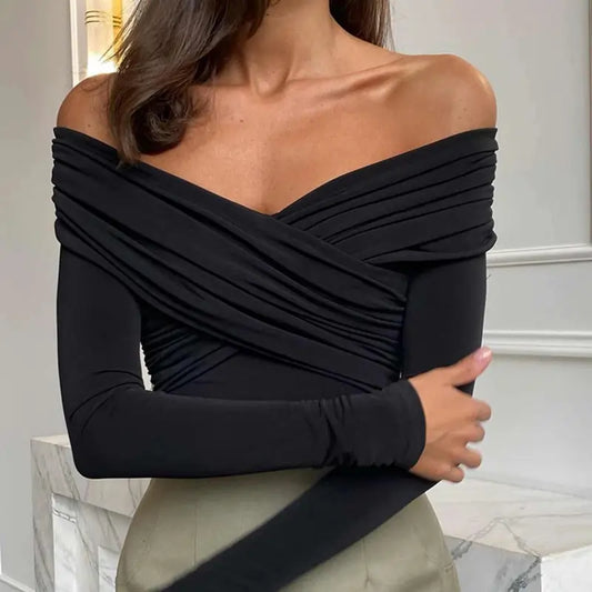 Fashion Front Cross Long Sleeve Slim Fit Tops Black
