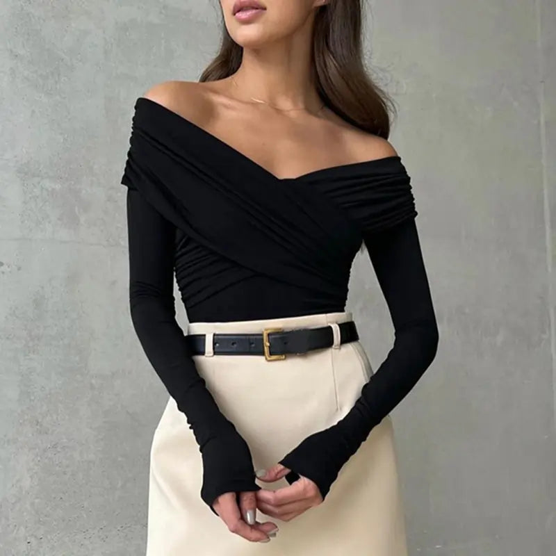 Fashion Front Cross Long Sleeve Slim Fit Tops Dark Black