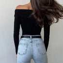 Fashion Front Cross Long Sleeve Slim Fit Tops Dark Black Back View