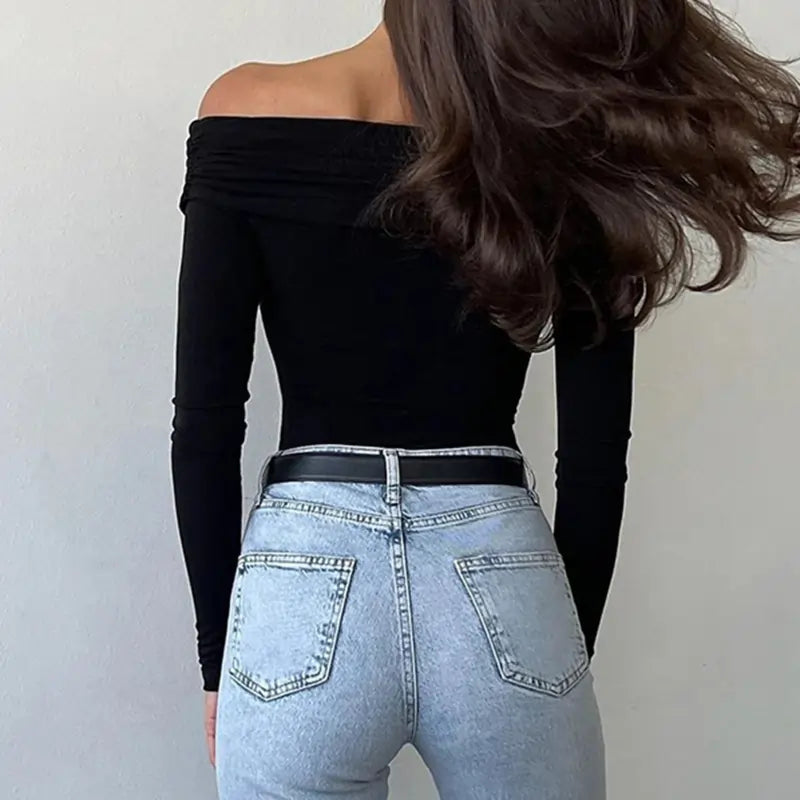 Fashion Front Cross Long Sleeve Slim Fit Tops Dark Black Back View