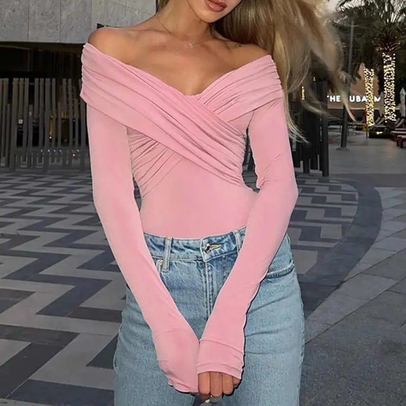 Fashion Front Cross Long Sleeve Slim Fit Tops Pink
