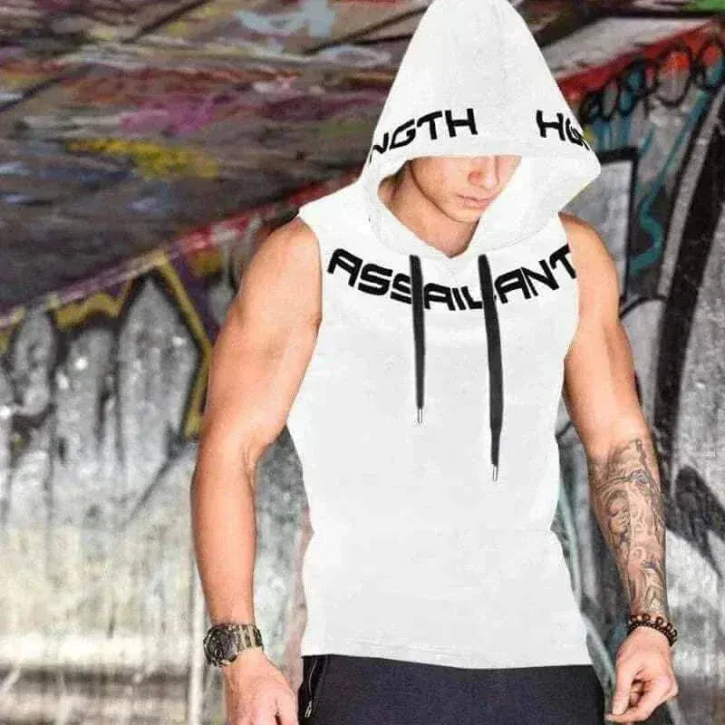 mens t shirts uk ,  Men Wearing Fitness White Sleeveless hoodies with Cotton Material