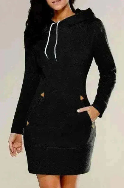 Black Hooded Zipper Pullover Mid-Length Sweatshirt Dress