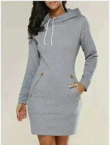 Light Grey Hooded Zipper Pullover Mid-Length Sweatshirt Dress