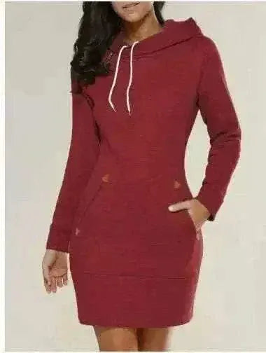 dress online uk, Red Hooded Zipper Pullover Mid-Length Sweatshirt Dress