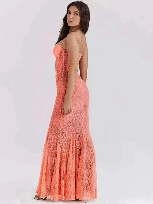 ladies dresses, Women Wearing Mozision Floral Lace Sexy Maxi Dress Side View