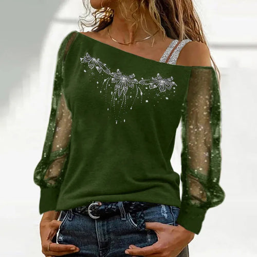 ladies tops uk, Lace Blouse Women  Long Sleeves Skew Collar Off Shoulder Dark Green