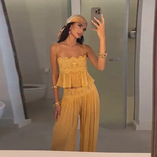 Lace Women Two Piece Set Camisole Tank Top Yellow