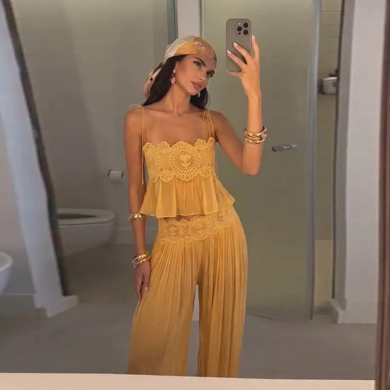Lace Women Two Piece Set Camisole Tank Top Yellow