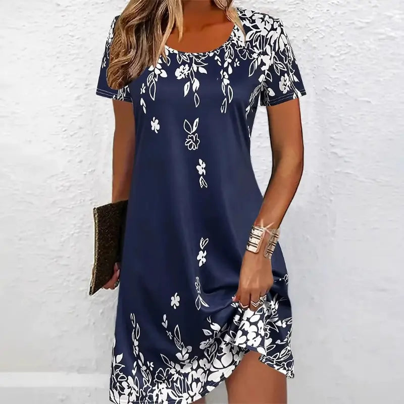 Ladies Dresses Uk, Elegant Floral Pattern Women Mini Dresses Dark Blue