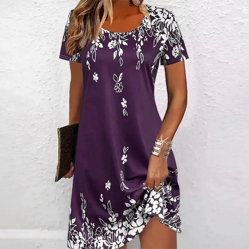 Ladies Dresses Uk, Elegant Floral Pattern Women Mini Dresses Purple