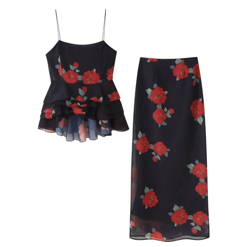 Ladies Skirts uk  | Women's Summer Skirt Two Piece Set Fashion Flower Print Holiday Party 2 set pic