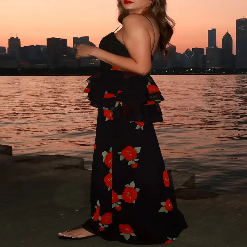 Ladies Skirts uk  | Women's Summer Skirt Two Piece Set Fashion Flower Print Holiday Party Side View