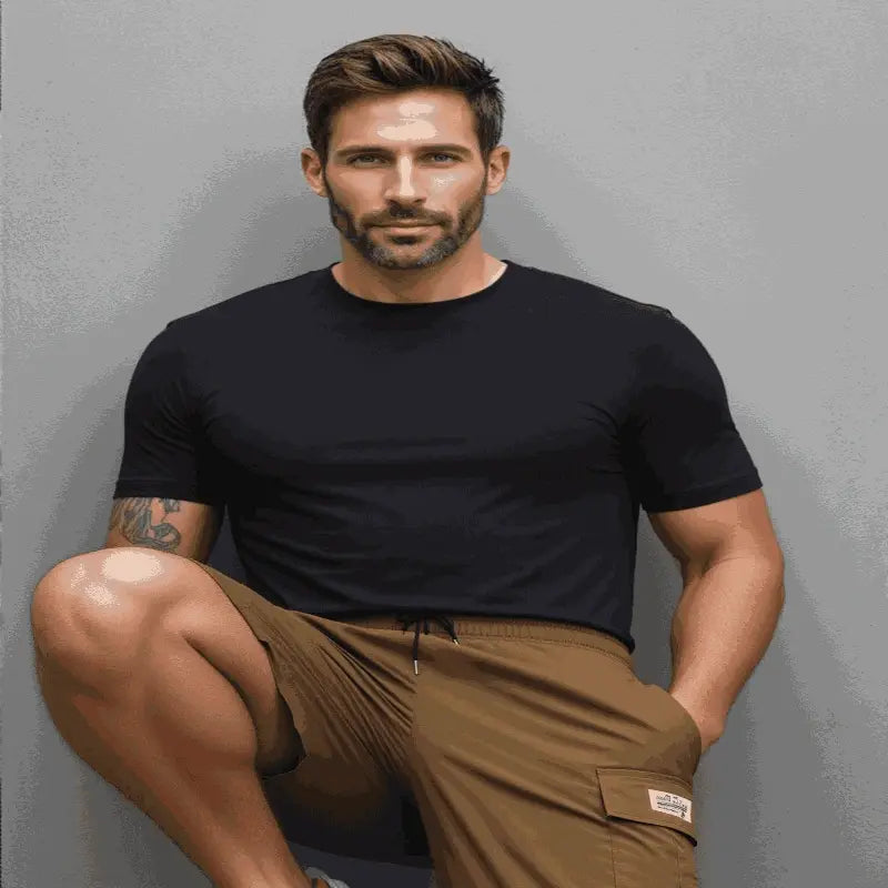 Man In Khaki Cargo Shorts  for Outdoor Work or Hiking