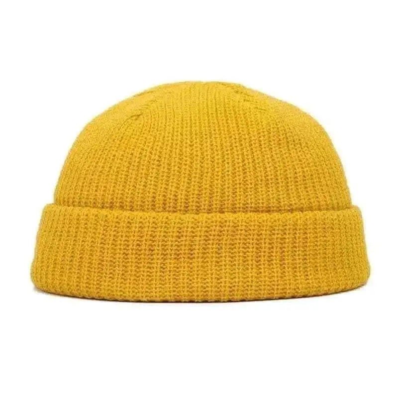 Men Knitted Hat Beanie Skullcap Sailor Docker solid fashion Cuff Brimless Cap Rogue Melon Fur Woolen Knitted Yellow beanies hats.