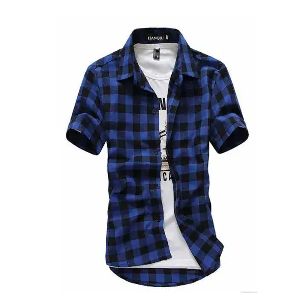 mens t shirts uk, Men's Casual Plaid Flannel Blue Shirt Short Sleeve