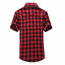 mens t shirts uk, Men's Casual Plaid Flannel Red Shirt Short Sleeve back View