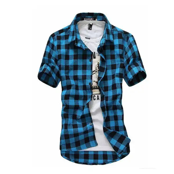 mens t shirts uk, Men's Casual Plaid Flannel Sky Blue Shirt Short Sleeve