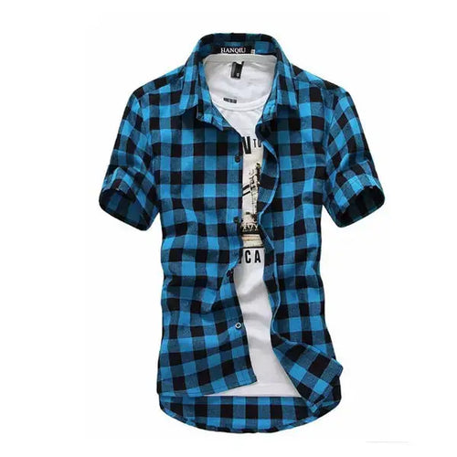 mens t shirts uk, Men's Casual Plaid Flannel Sky Blue Shirt Short Sleeve