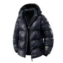 winter coats men offers Men Black Puffer Jacket  Winter with Fully Hooded front jacket view