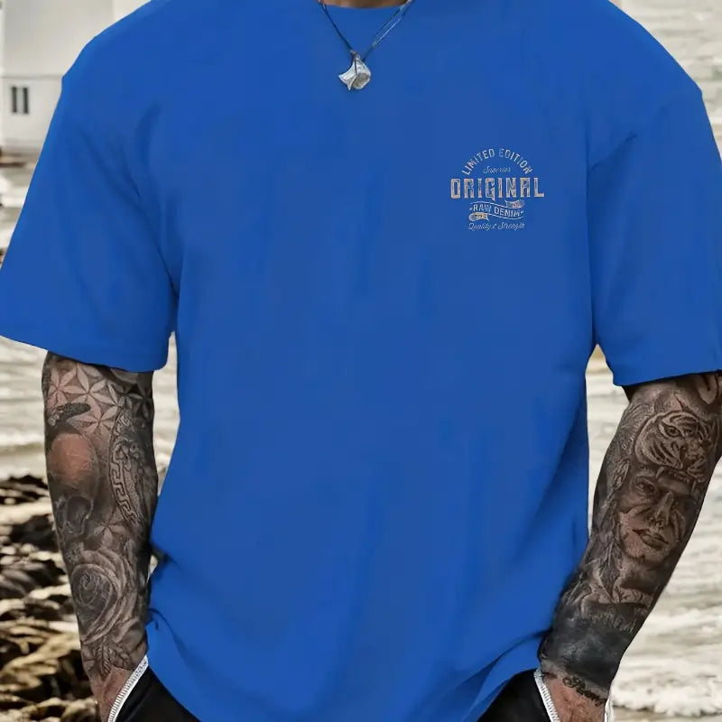 Men's summer printed round neck short T-shirt  Dark Blue