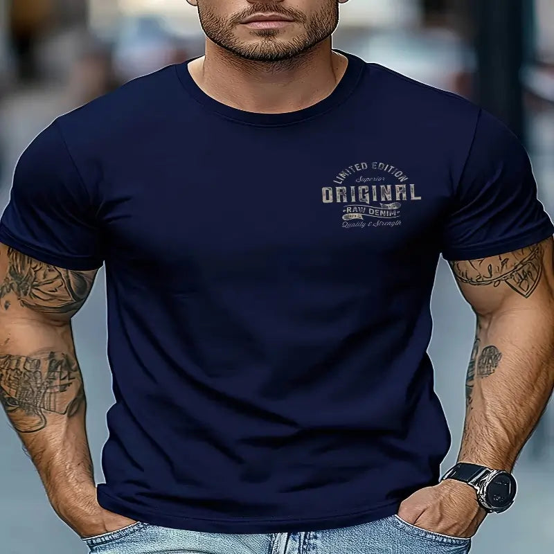 Men's summer printed round neck short T-shirt Dark Blue