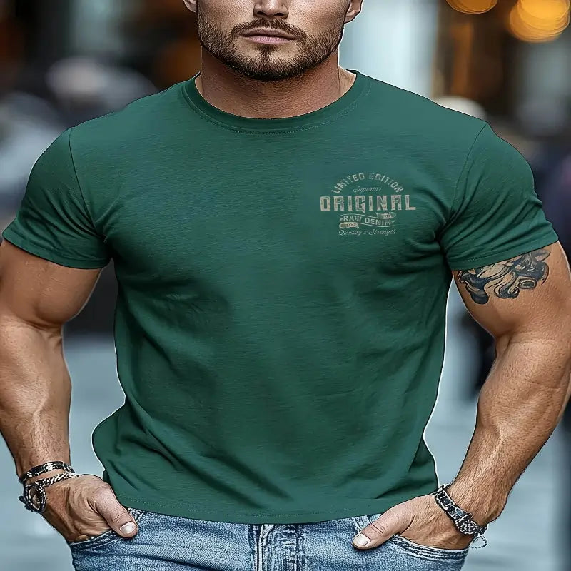 Men's summer printed round neck short T-shirt Green