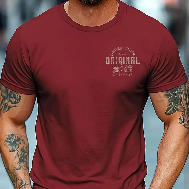 Men's summer printed round neck short T-shirt Maroon
