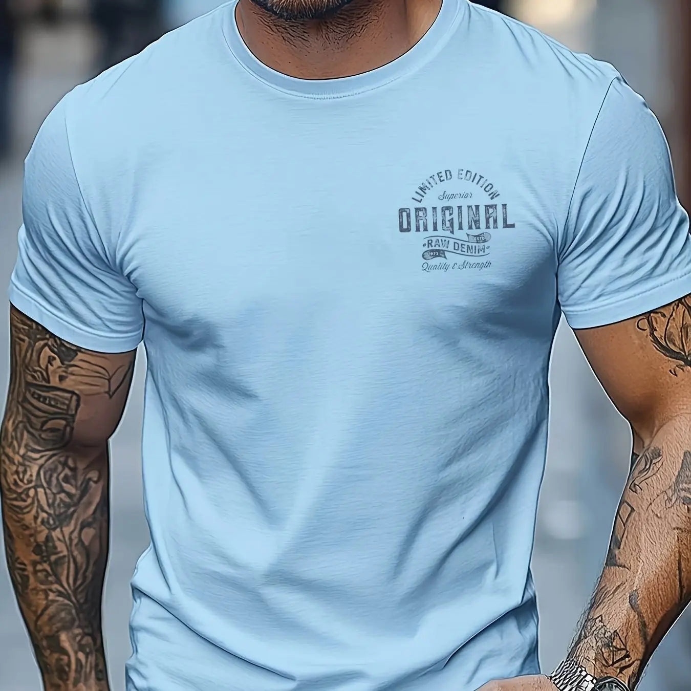 Men's summer printed round neck short T-shirt Sky Blue