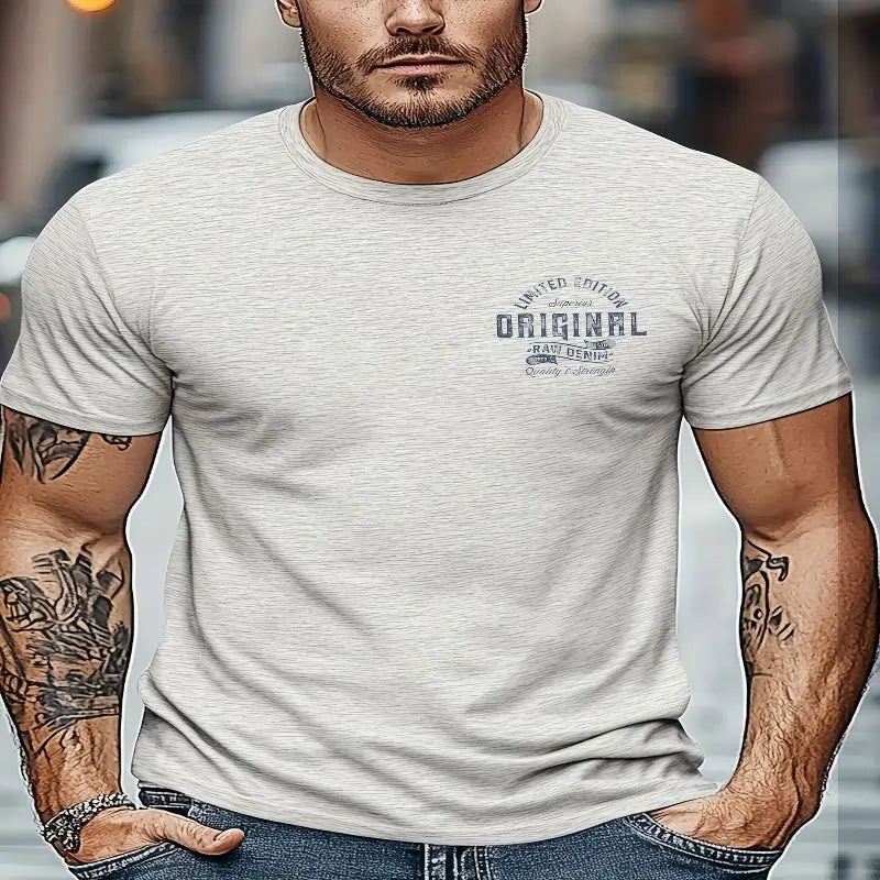 Men's summer printed round neck short T-shirt khaki